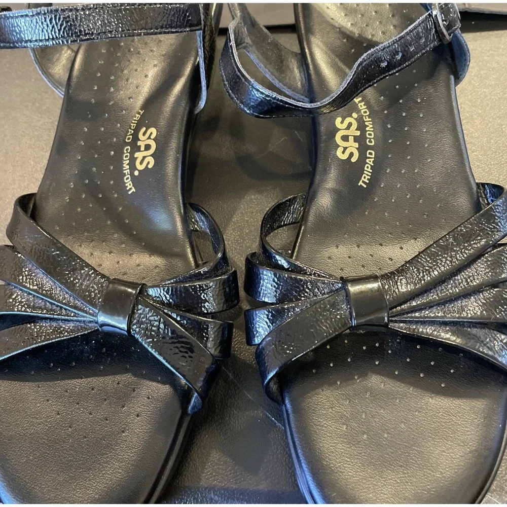 SAS Womens 11 Sanibel Wedge Sandals Black Patent Leather Bow Slingback USA Chic